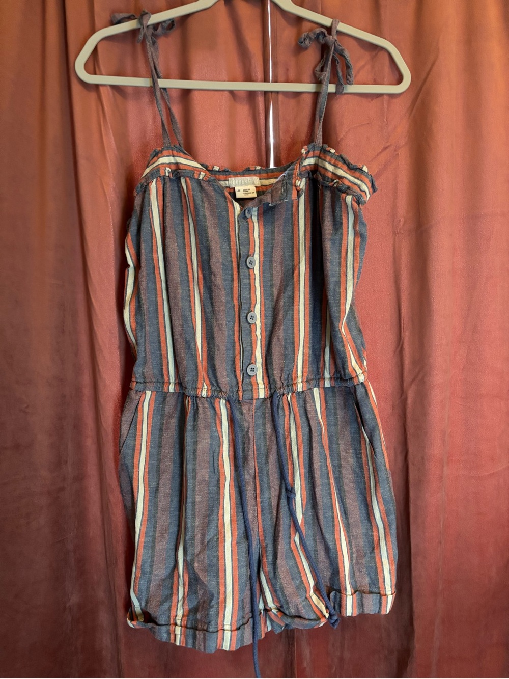 Cooperative Striped Tie-Shoulder Romper in Blue, Orange, and Cream